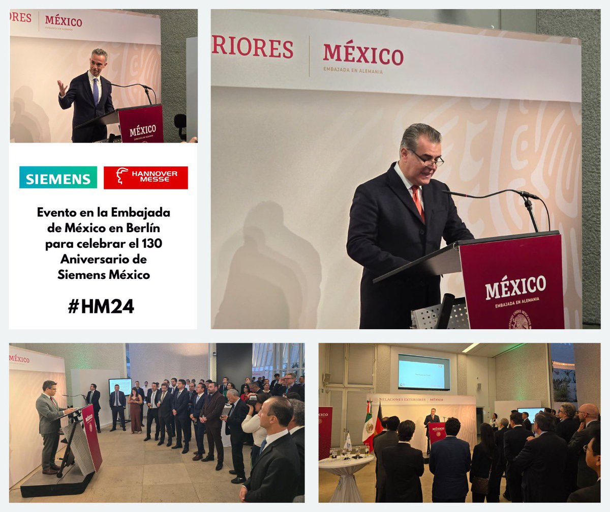 Desde 1894, @SiemensMexico ha contribuido en la modernización de la industria de nuestro país y a su desarrollo tecnológico. Hoy en la @EmbaMexAle en Berlín, el Pdte. @fcervantes5, junto al Embajador de México en Alemania, @PacoQuirog y @apreinfalk, CEO de Siemens Mexico,…