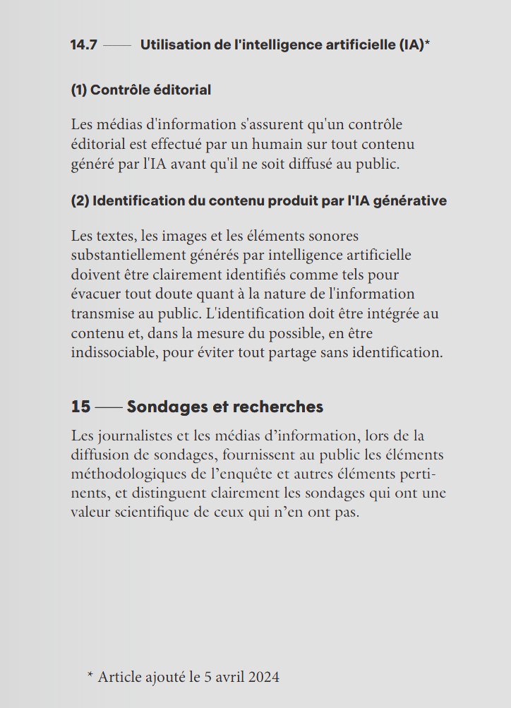 Le Conseil de presse du Québec introduit un nouveau principe dans son Guide de déontologie journalistique visant à encadrer l'usage de l'intelligence artificielle dans les médias. Ce principe souligne l'importance d'un contrôle éditorial humain sur les contenus générés par IA…