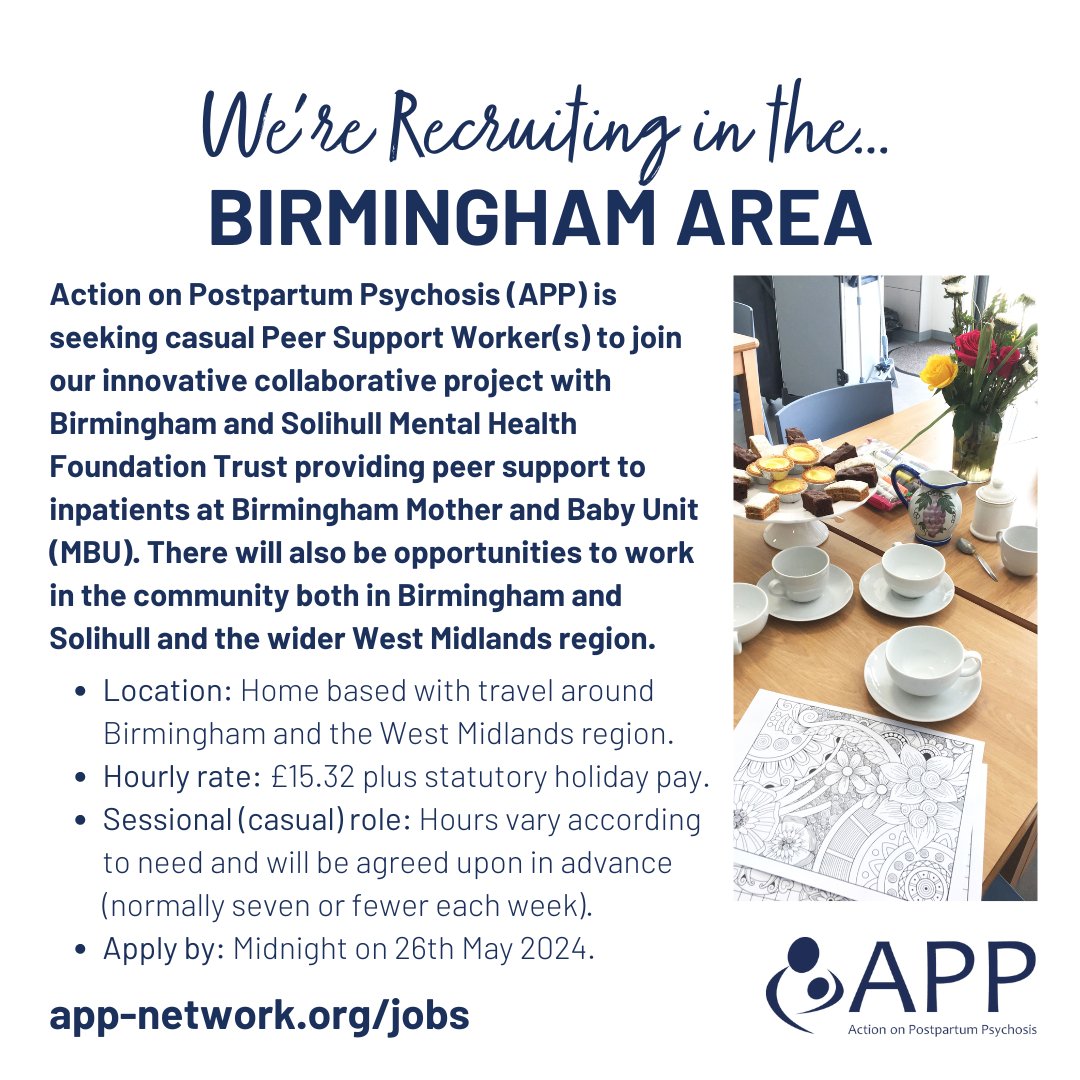 We're recruiting Casual Peer Support Worker(s) in the Birmingham and the West Midlands region: • Hourly rate £15.32 + statutory holiday pay • Hours vary according to need and are agreed in advance (normally seven or fewer each week) Apply by 26 May: app-network.org/jobs