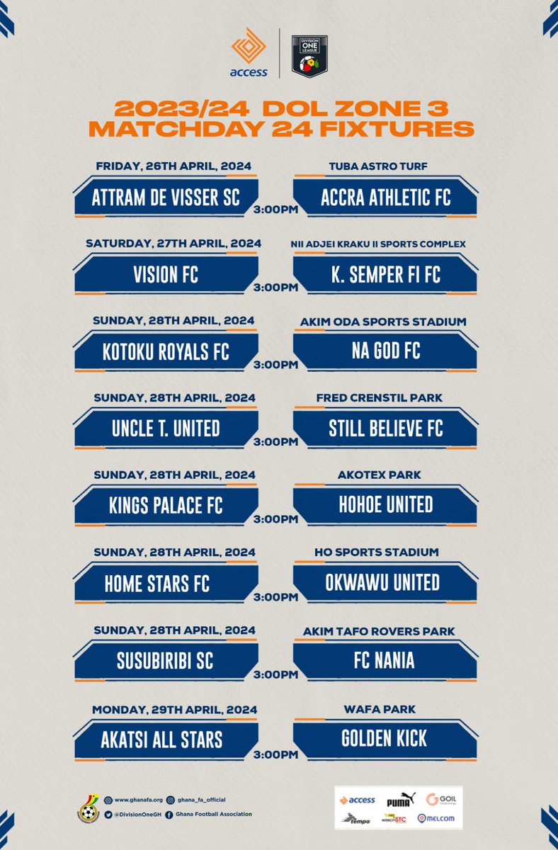 Access Bank Division One League Matchday 24 Fixtures.