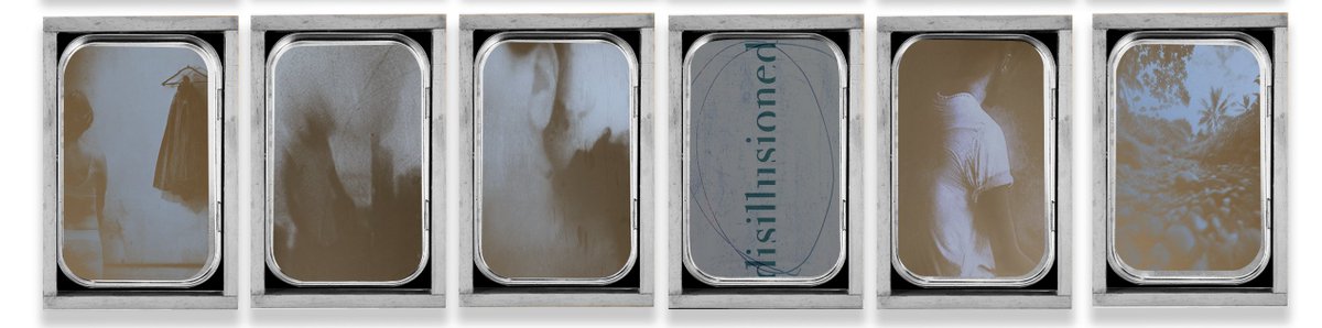 Ghostlight Memories #2. (Polyptych/2024)
Photographs, 1 AI-Mediated Post-Photograph, Text, Mint Tins, Stained Wood.