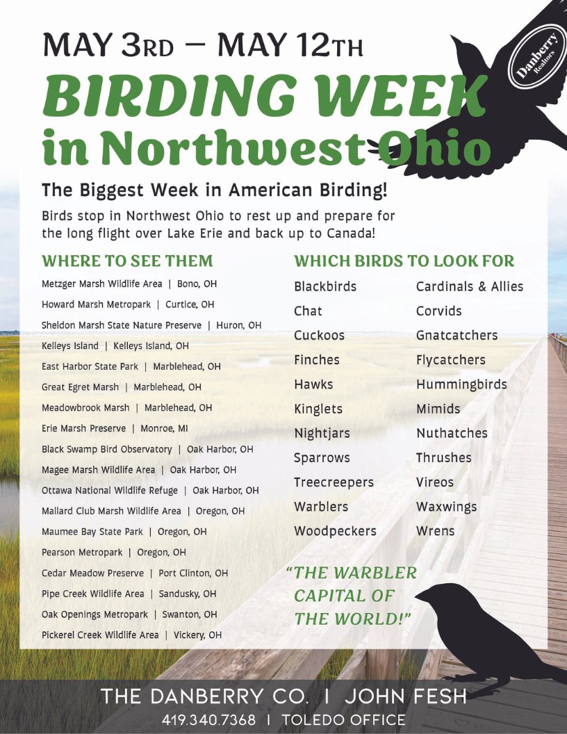 The Biggest Week in American Birding is right here, in Northern Ohio! 📍

Pick a spot {or a few} to enjoy a variety of birds making their way across Lake Erie and back to Canada!

#BirdingWeek #NorthernOhioBirding  #LakeErie #MidwestIsHome #HomeStartsHere #TheDanberryCo