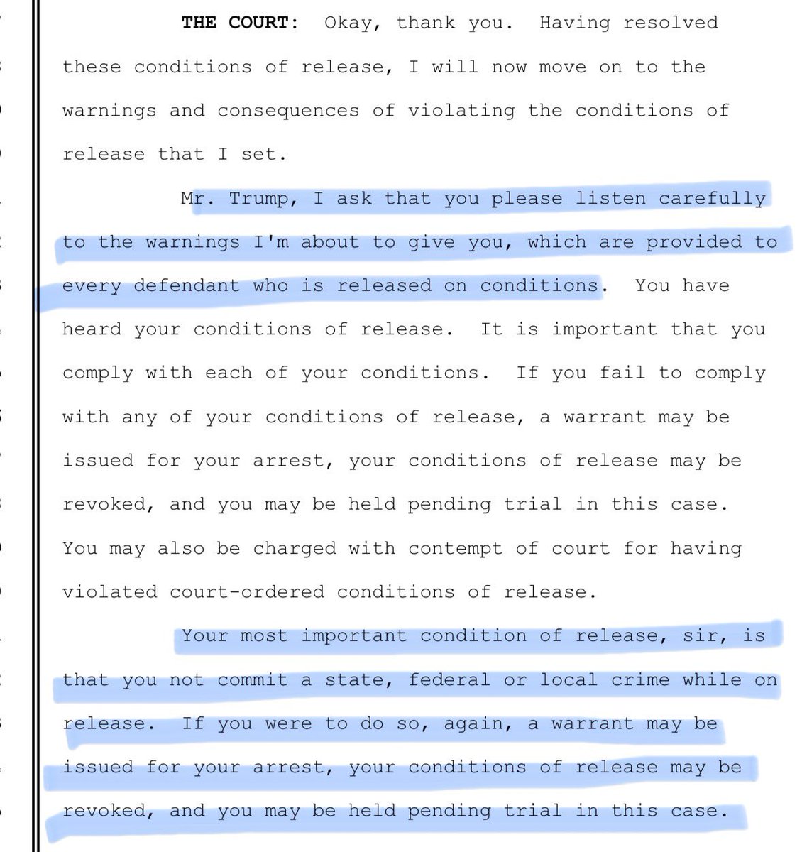 If Judge Merchan finds that Trump violated the gag order and holds him in criminal contempt, Trump will have violated his conditions of release in his DC federal case & Trump’s pretrial release should be revoked. Because. . . you know . . . the rule of law. ⬇️