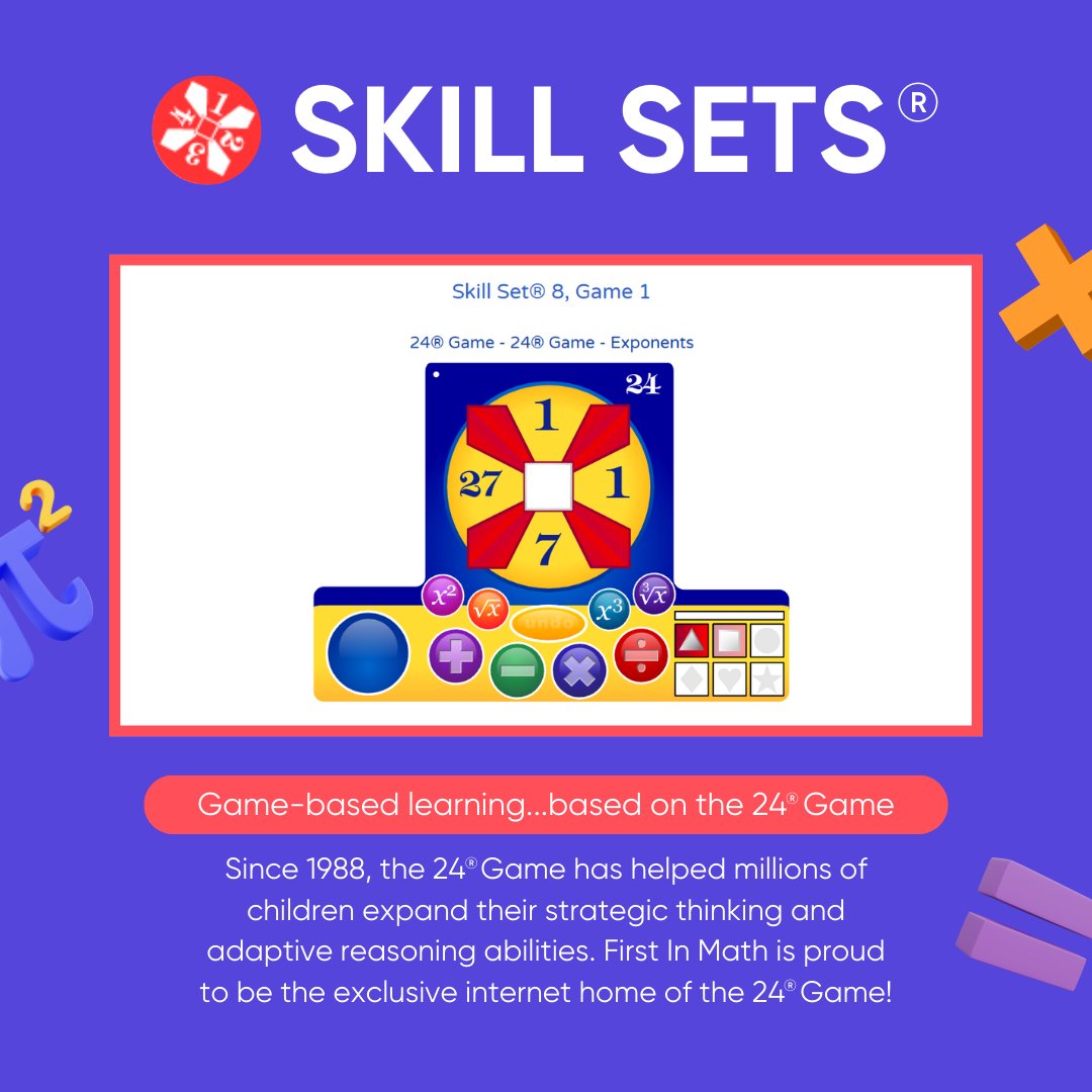 FirstInMath's tweet image. Students can explore the Skill Sets module & learn the foundational skills through dynamic activities! 🚀 Did you know #FirstInMath is the exclusive internet home of the @24game ?! 😎  #STEMeducation
