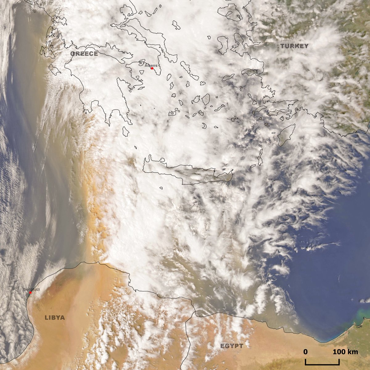 🔴🟡😷🏜️🇱🇾🇬🇷A severe #saharandust even started on April 23, with a huge dust cloud moving from N. #Africa ,first affecting #Libya then engulfing #Greece and its capital #Athens where the sky was in total red. In the #MODIS Aqua📸of Apr.23 dust colors dominates despite the clouds