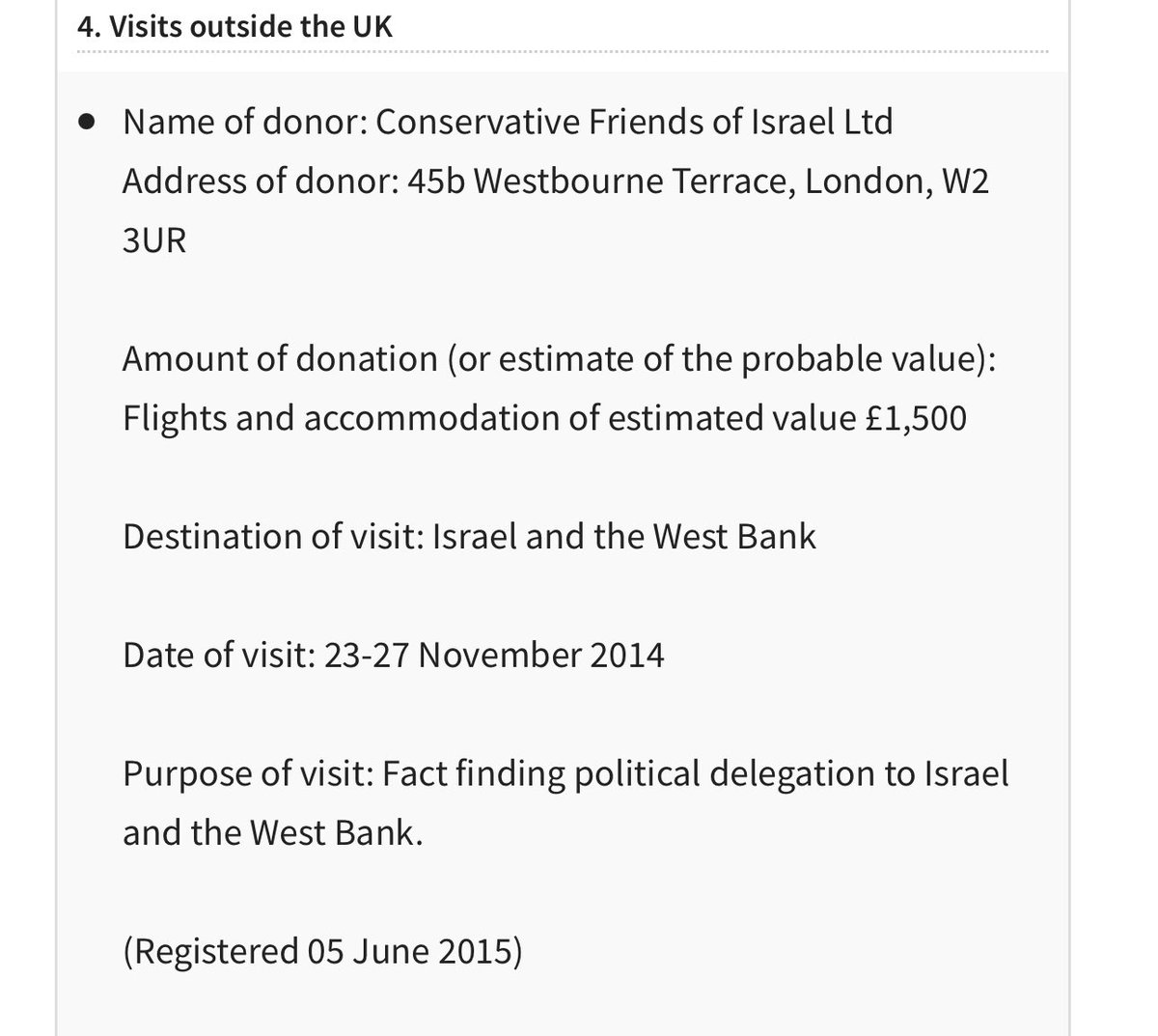 kennardmatt's tweet photo. Can someone explain this me?

Oliver Dowden - the deputy prime minister of Britain - was given £1,500 by Conservative Friends of Israel (CFI) in November 2014 to go on a propaganda tour of the country.

This is standard for new MPs. Except Dowden didn’t become an MP until 6 months later, in May 2015. 

Is the CFI - which doesn’t disclose its donors - secretly funding UK civil servants, too?