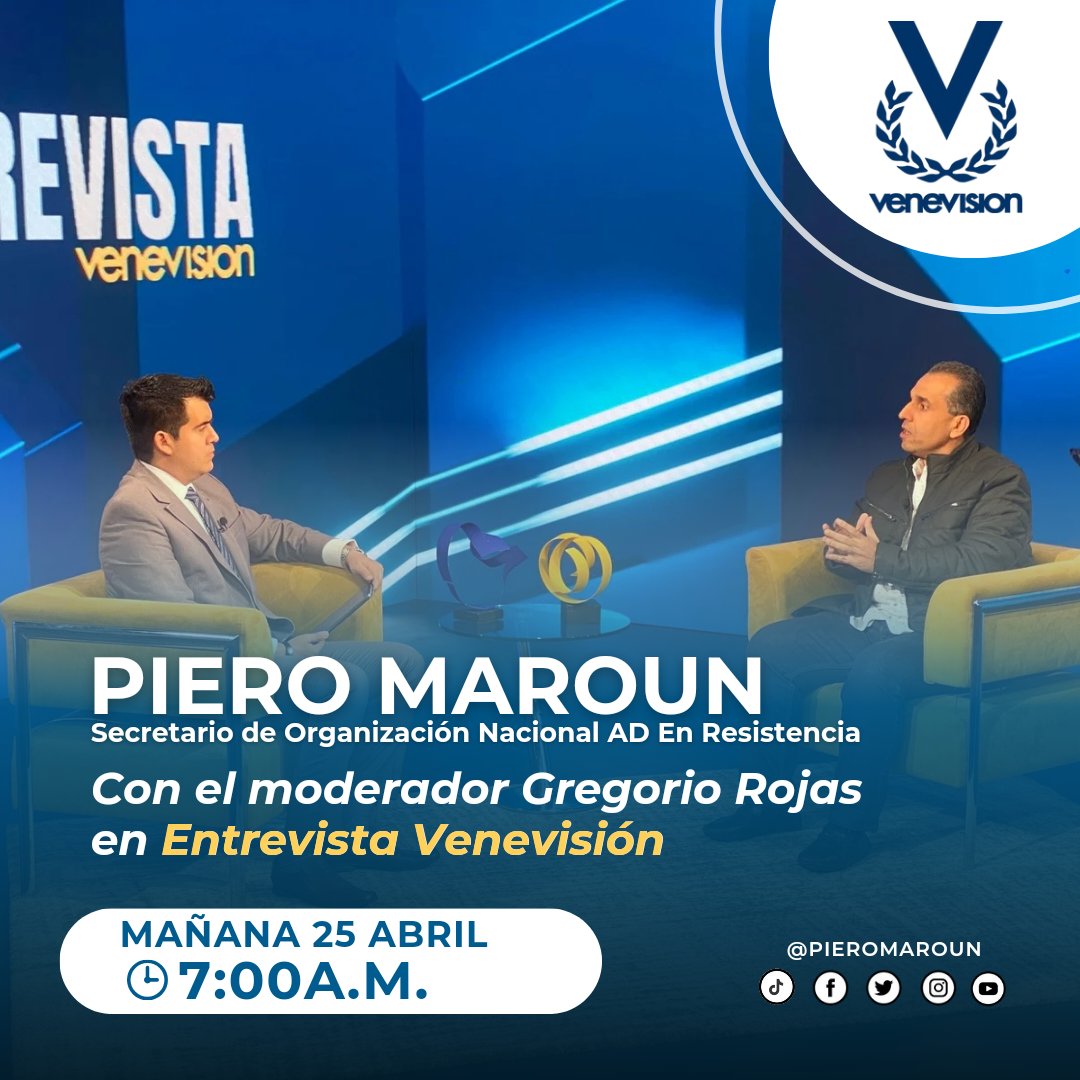 Mañana a las 7a.m. estaré conversando con Gregorio Rojas en Entrevista Venevision. ¡Los invito a sintonizarnos!
