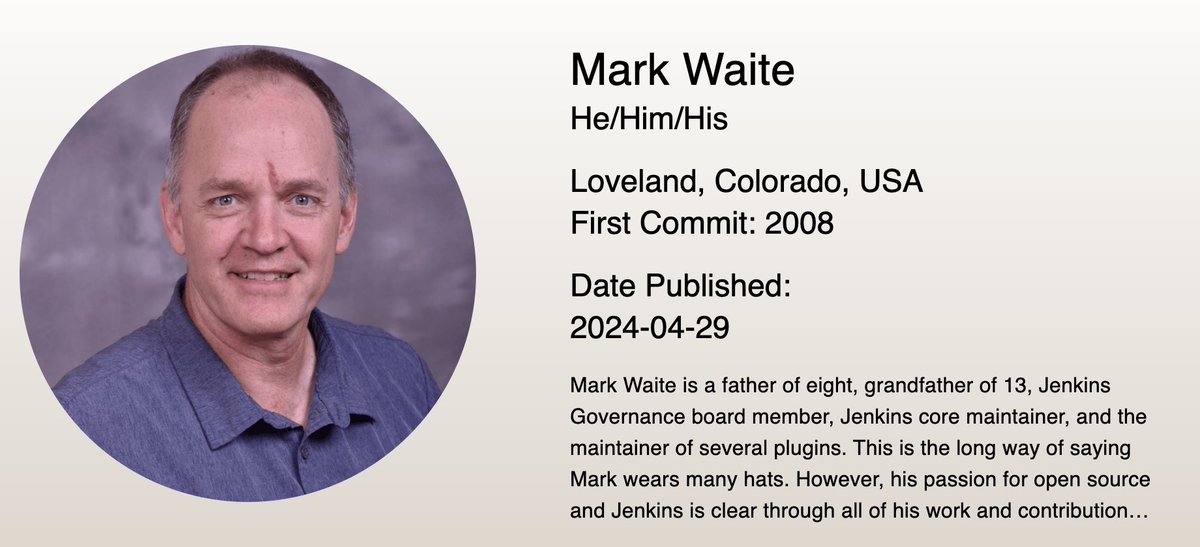 Meet our #contributorspotlight @MarkEWaite. Mark's love for Jenkins goes way back, to 2007. Now he is a Jenkins speaker, Governance board member, core maintainer, and maintainer of several plugins. Get to know Mark at contributors.jenkins.io/pages/contribu…