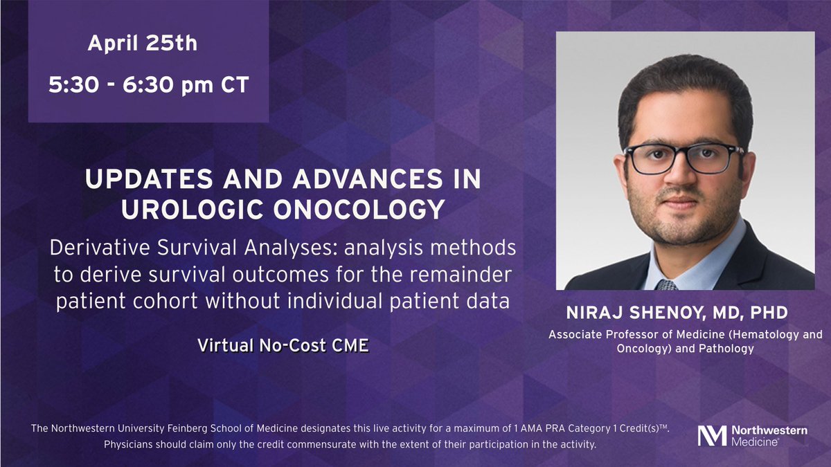 ⚠️ REMINDER ⚠️ Tomorrow, we will be hearing from Dr. @NirajShenoy, Associate Professor of Medicine (Hematology and Oncology) and Pathology, as he talks about derivative survival: analysis methods to derive survival outcomes for the remainder patient cohort without individual…