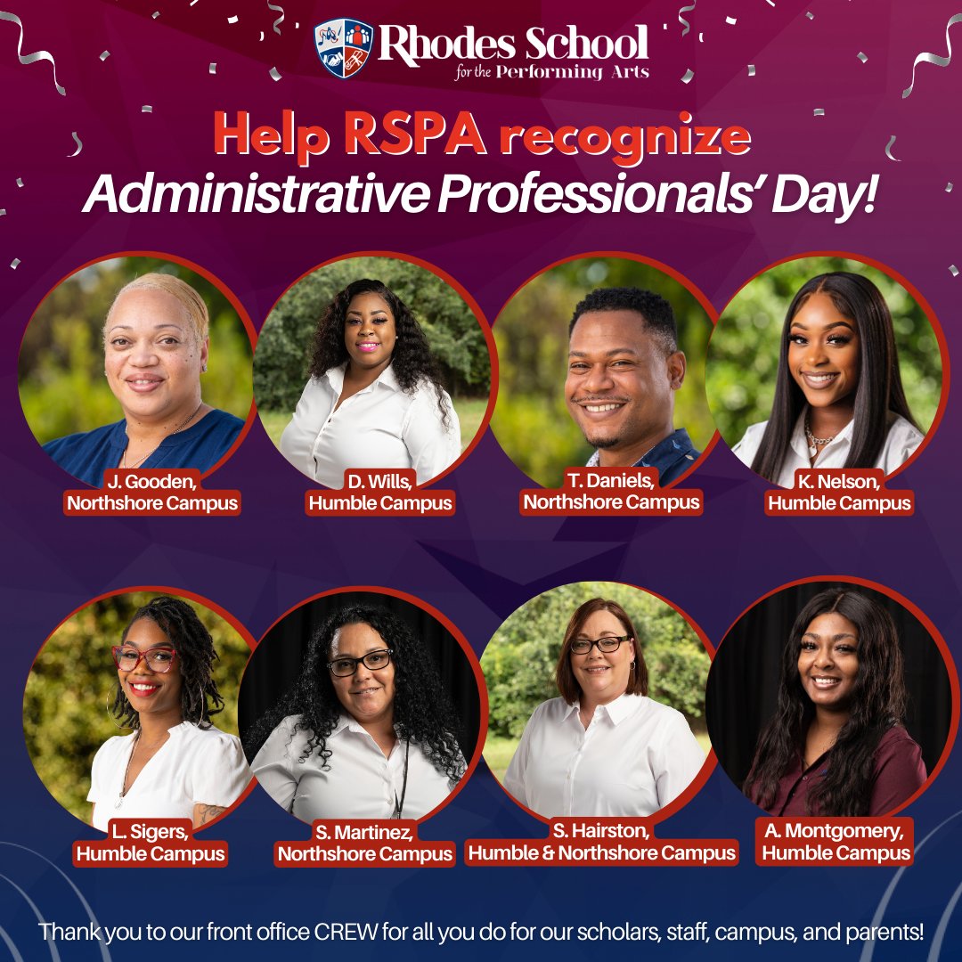 Happy Administrative Professionals' Day to Ms. Sigers, Ms. Gooden, Mr. Daniels, Ms. Nelson, Ms. Martinez, Ms. Montgomery, Ms. Hairston, and Ms. Wills! You are appreciated for all you do! ✨ #RSPA wouldn't run the same without our front office staff! 💙🌟❤

#WeAreCREW