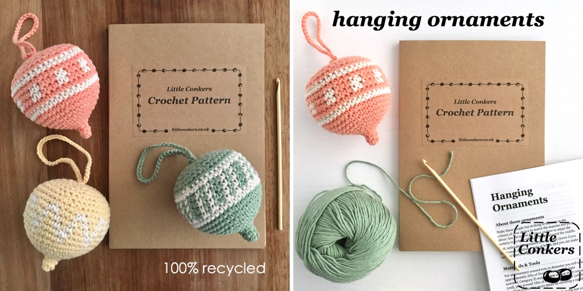 Printed crochet pattern for versatile hanging ornaments. Lovely easy-to-post gift for someone crafty. 100% #recycled paper and card. littleconkers.co.uk/shop/ornaments… #LittleConkers #CrochetPattern #GiftIdeas