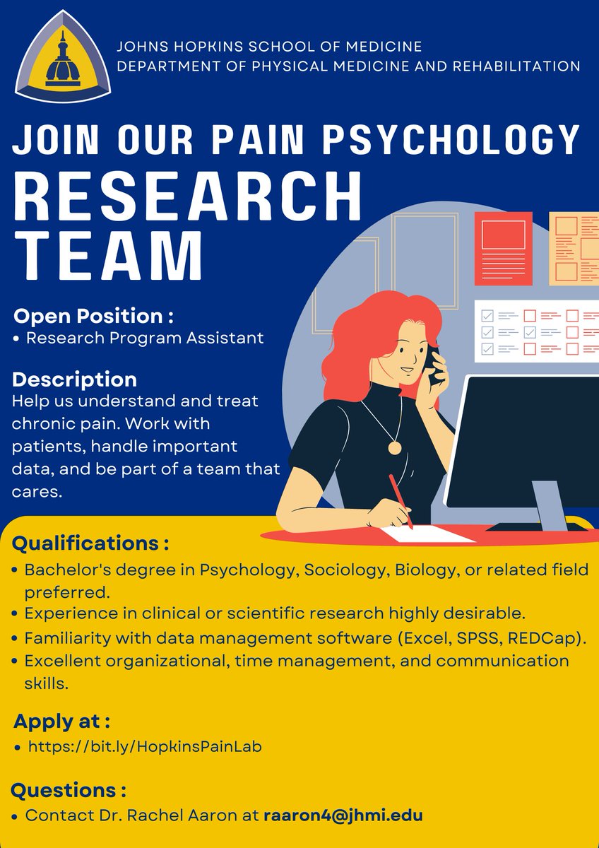 Fenan Rassu, PhD (@fsrassu) on Twitter photo Looking for a job that makes a difference? Join our team at <a href="/RehabHopkins/">Johns Hopkins PM&R</a> and help us tackle #ChronicPain. We need a #ResearchAssistant who’s ready to learn and help others.
👉 Apply today: bit.ly/HopkinsPainLab
📬 Questions? Email <a href="/RachelVAaron/">Rachel Aaron, PhD</a> at raaron4@jhmi.edu Looking for a job that makes a difference? Join our team at <a href="/RehabHopkins/">Johns Hopkins PM&R</a> and help us tackle #ChronicPain. We need a #ResearchAssistant who’s ready to learn and help others.
👉 Apply today: bit.ly/HopkinsPainLab
📬 Questions? Email <a href="/RachelVAaron/">Rachel Aaron, PhD</a> at raaron4@jhmi.edu