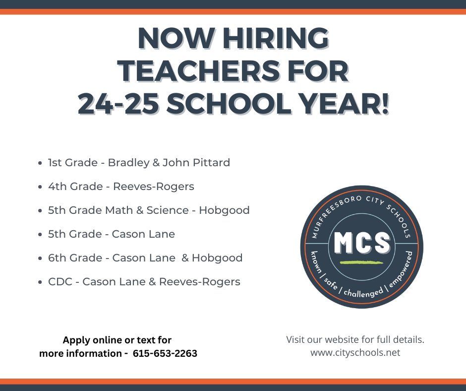 Murfreesboro City Schools is on the lookout for teachers to join the #bestofmcs for the 2024-2025 school year! Apply online today at cityschools.net