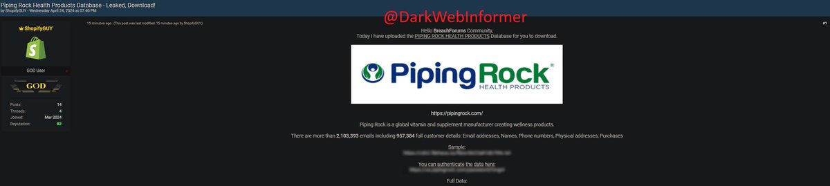 🚨DATA BREACH🚨Notorious threat actor, ShopifyGUY, allegedly has breached Piping Rock Health Products🇺🇸. There are 2,103,393 emails and 957,384 full customer details.

#Clearnet #DarkWebInformer #DarkWeb #Cybersecurity #Cyberattack #Cybercrime #Infosec #CTI 

Compromised Data:…