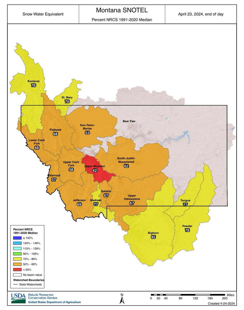 Montana’s snowpack as of last night. It is currently 70 degrees along the Yellowstone River in Livingston, Montana.