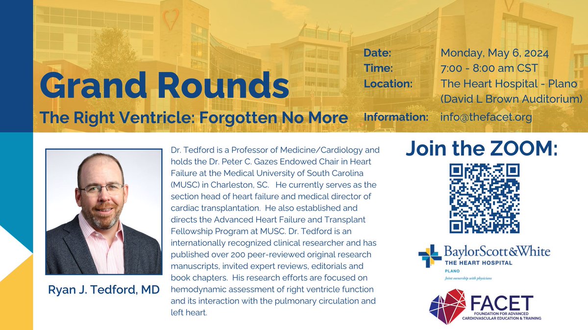 Join us as Ryan J. Tedford, MD hosts Grand Rounds at Baylor Scott & White The Heart Hospital- Plano on May 6th! Virtual or in-person! Zoom link: us02web.zoom.us/j/81941810109?…