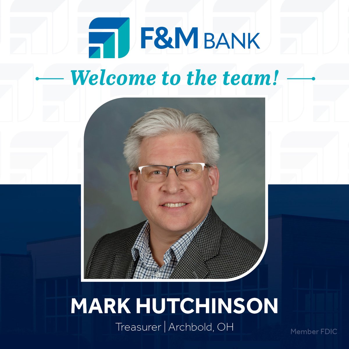 F&M Bank welcomes Mark Hutchinson as our new Treasurer. 
Mark will oversee certain financial operations including budgeting, planning, investing and other financial matters for the bank. 
F&M is happy to have you as a part of our team, Mark! 
#fmbank #bankingindustry