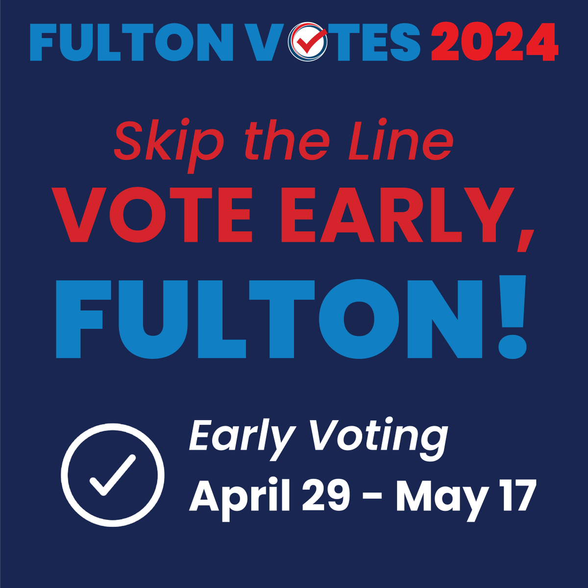 Vote early for the May 21 General Primary Election!

Beginning April 29, registered voters can exercise the right to vote at 36 polling locations.

For more information, visit fultoncountyga.gov/voteearly or download the free Fulton Votes app for your phone. #FultonVotes