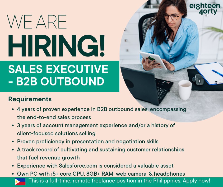 We are seeking dedicated, results-driven Sales Executive - B2B Outbound based in the Philippines to join our team. 

Learn more and apply here 👉 bit.ly/3rXiIQ2 

#SalesExecutive #B2B #Remotework #Freelancing #Philippines