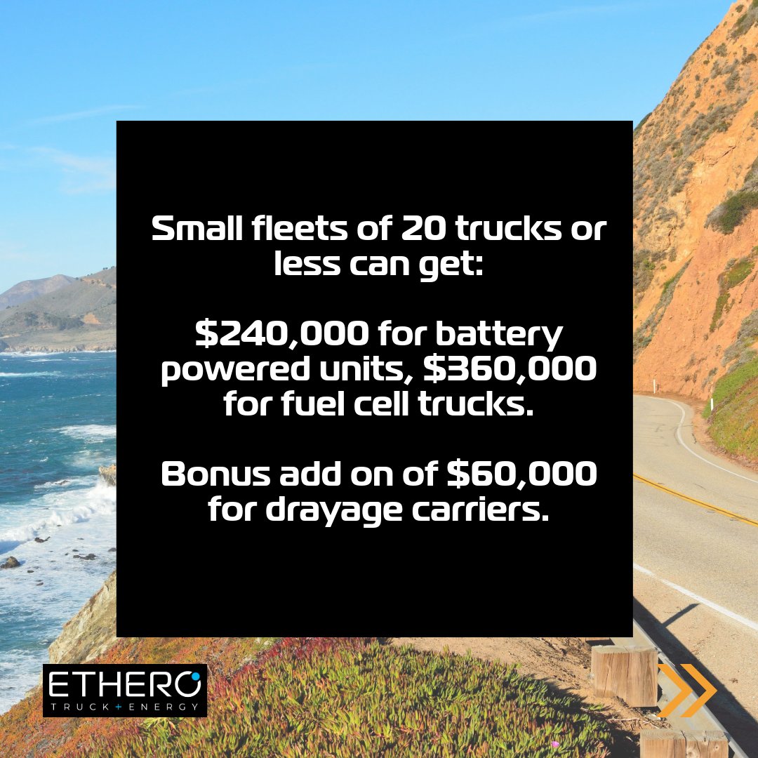 etherotrucks's tweet image. Calling all #FleetOwners in California! Small fleets with 20 trucks or less can now qualify for substantial incentives.

Let ETHERO assist you in accessing these funds. Contact us today: ethero.com