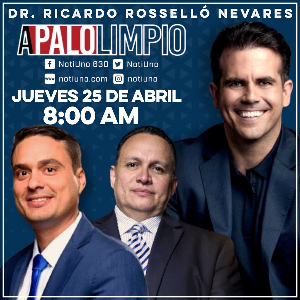 ¡Este Jueves! Nuestro Delegado Congresional y Ex Gobernador de Puerto Rico el Dr. @RicardoRossello estará en vivo en el programa A Palo Limpio con @RamonRosarioEsq e @ivanantonio2016 por @NotiUno a las 8:00AM. #NuestraCausaEsPoderosa