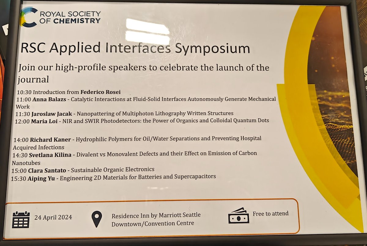Gemma-Louise Davies (she/her) (@gemmaloudavies) on Twitter photo Looking for an exciting afternoon of talks at #S24MRS? Head along to the <a href="/RoySocChem/">Royal Society of Chemistry</a> Applied Interfaces symposium for an excellent lineup of speakers! Looking for an exciting afternoon of talks at #S24MRS? Head along to the <a href="/RoySocChem/">Royal Society of Chemistry</a> Applied Interfaces symposium for an excellent lineup of speakers!