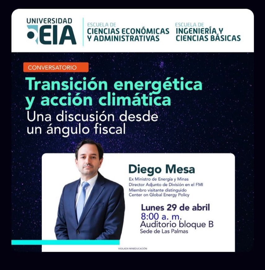 Tremendo invitado en @UniversidadEIA el lunes próximo !! Es de libre entrada. Tener a @DiegoMesaP Ex Ministro de Minas y Energia es un gran privilegio y tiene mucho para compartir, más en estos momentos de País. Los espero !! Lunes 29 de abril 8 am !!