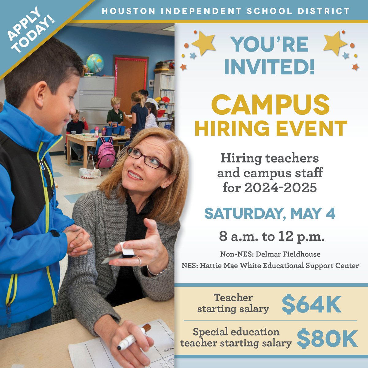 HISD is hiring! Passionate educators and campus staff are invited to join us to learn more about Team HISD at two campus hiring events - one for NES positions, and one for non-NES positions - on Saturday, May 4. Register now: bit.ly/4b7wNLn