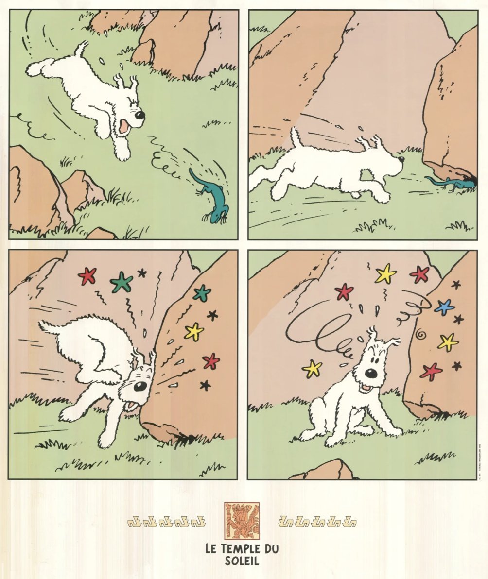 You know summertime is really upon us when: In Le Temple De Soleil four panels show Snowy in pursuit of a lizard to no avail! 🐕🦎🎯 ➔ bit.ly/3U9QRWF 

#letempledesoleil #tintincomics #tintinadventures #hergé #sausalitoferry #sausalito #comicbooks #templeofthesun