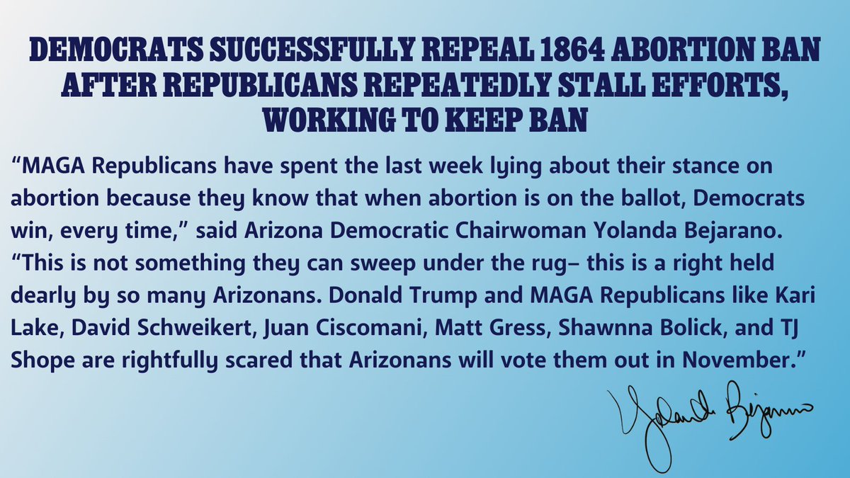 BREAKING: Democrats successfully repeal 1864 Abortion Ban after Republicans repeatedly stall efforts, working to keep ban. Read our full statement here: azdem.org/democrats-succ…