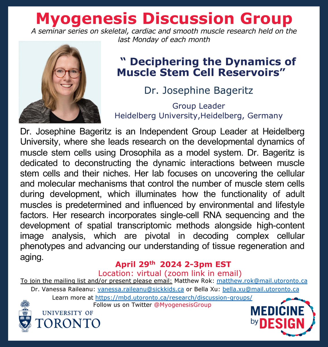 Join us at Myogenesis as we welcome Dr. Josephine Bageritz from Heidelberg University for a talk on 'Deciphering the Dynamics of Muscle Stem Cell Reservoirs' 🏋️‍♂️ Mark your calendars for April 29th, 2-3pm EST. Zoom link coming soon! #ScienceTwitter #Myogenesis