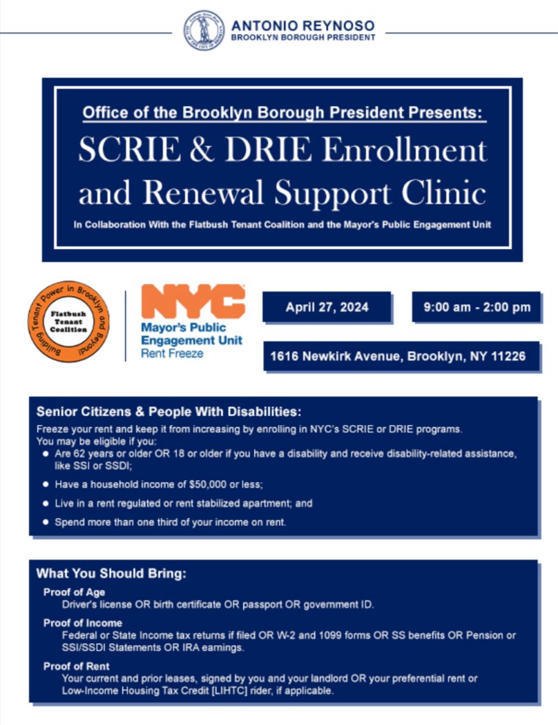 🚨FREEZE YOUR RENT 🚨 If you're 62+ or have a disability, attend this SCRIE & DRIE Enrollment Support Clinic happening in #BrooklynNY on April 27. @BKBPReynoso @Flatbushpower Learn more about #RentFreeze here: nyc.gov/FreezeYourRent