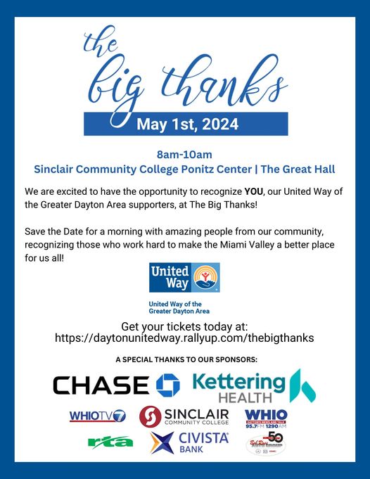 🎉 You're Invited! Celebrate community heroes with us and @UnitedWayDayton at a special event! Join us to honor those making a real difference. 💙

🎟️ RSVP now! ➡️ ow.ly/WEaV50Rn9II 

#TheBigThanks #CommunityHeroes #BobRossAuto #UnitedWayDayton #CelebrateTogether