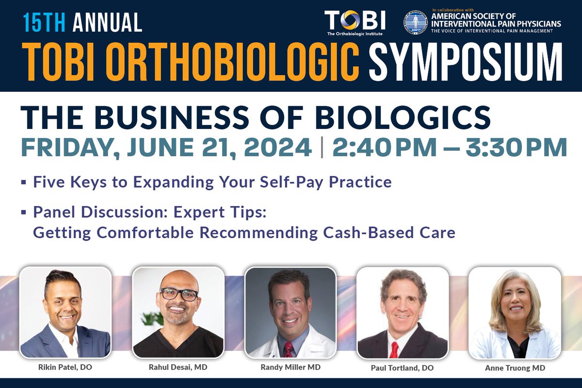 Do you know how to expand a self-pay practice? Find out from the experts at TOBI 2024! 
Attend the 2-Day Symposium, Live Webinar, and the Hands-On Cadaver Workshop to earn up to 32.75 CMEs.

Register today: tobiconference.com

#RegenerativeMedicine #TOBI2024