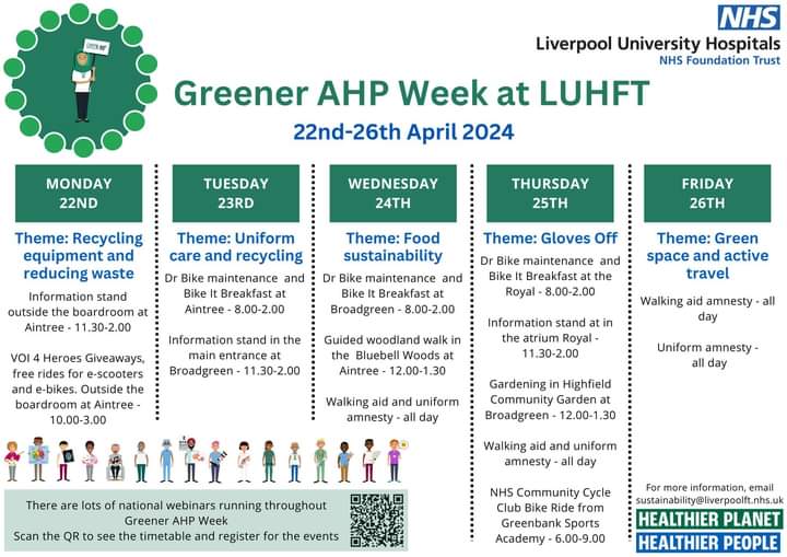 I'll be at the Royal tomorrow from 11:30-2 for #GreenerAHP  week. Come say hi, pick up some sunflower seeds, find out what @LUHFTAHPs are doing to be more sustainable.#GlovesOff Uniform recycling. Walking aid amnesty @ScouseAHPLeader @GreenerLUHFT @LivHospitals