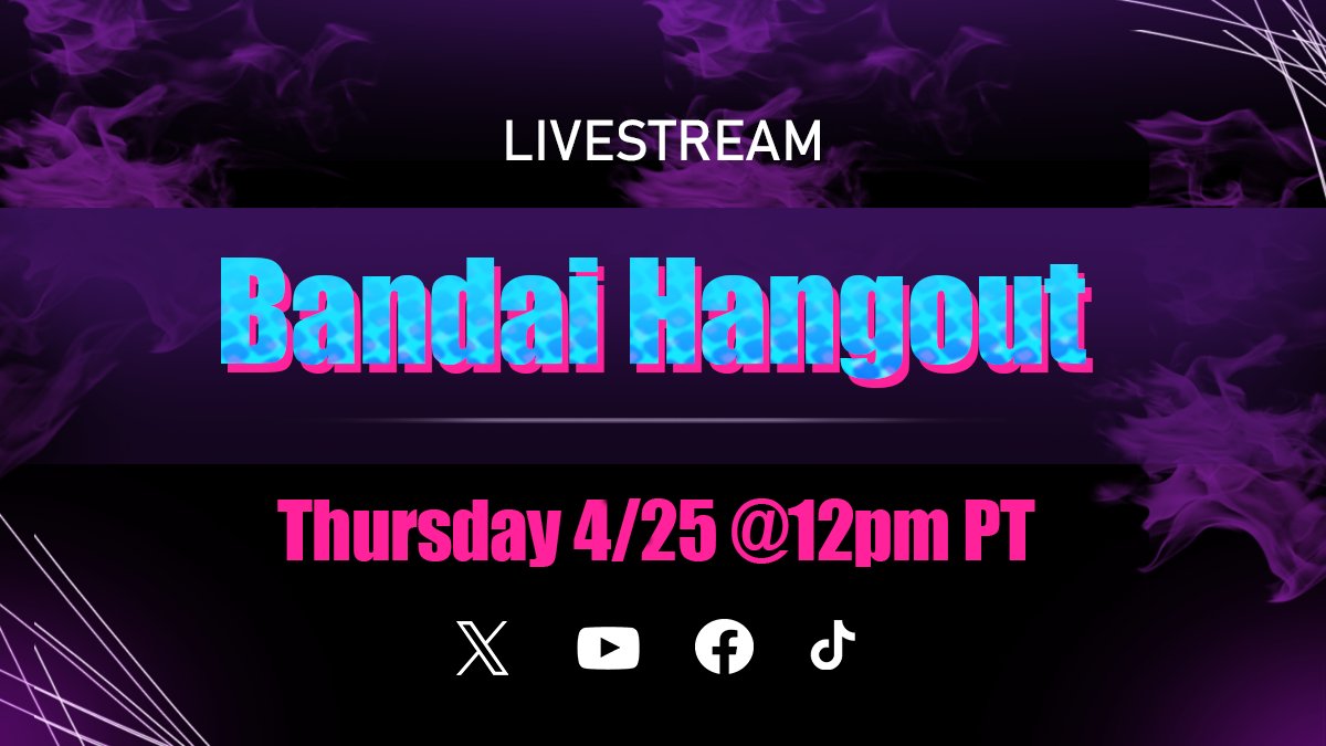 Join us for another fun-filled livestream where we hang out and chat with everyone. Tomorrow at 12PM Pacific. Watch on Youtube youtube.com/@BNTCA Or on TikTok tiktok.com/@bandaiofficial #bandaihangout