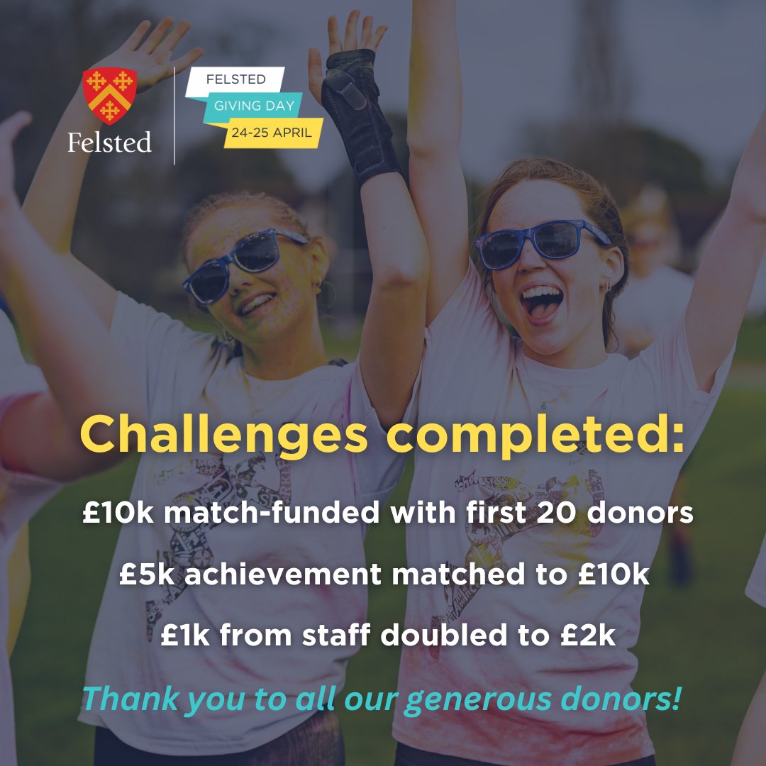 It's the end of Day 1 👏👏👏 

Thank you to everyone who's given so far 🙌 

Please keep the donations coming and let's see what Day 2 brings tomorrow! 👀 

>> bit.ly/Felsted-Giving… 

#FelstedGiving24 #24HoursToGo