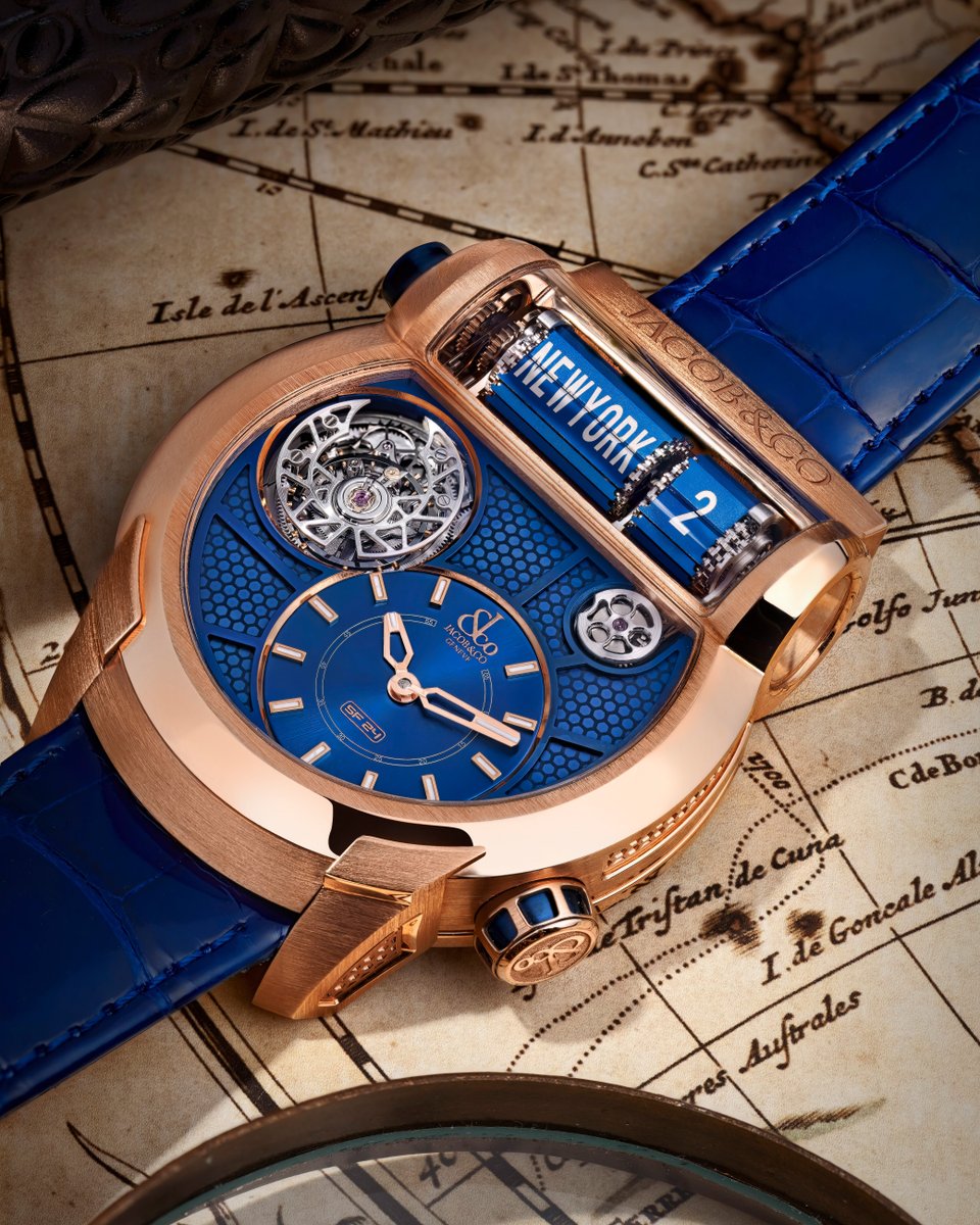 High watchmaking travel. Epic SF24 Tourbillon is the ultimate combination of the Jacob & Co. style with a unique complication. The flying tourbillon elevates the signature split-flap display showing a second timezone, and its local time.