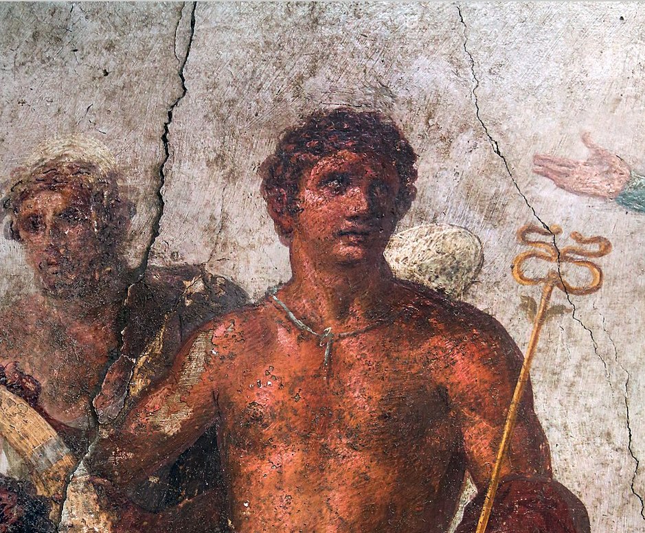 A Pompeiian fresco of Mercury/Hermes: conductor of souls to the afterlife, but also oversaw many liminal spaces and boundaries both physical and metaphysical. His Latin name, Mercury, is believed to be connected to mercari (to trade). #ClassicsTwitter