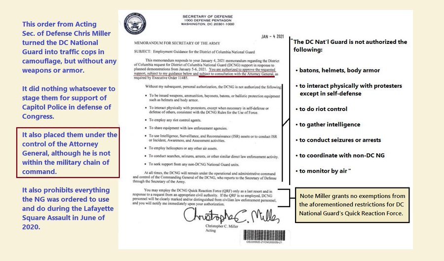 @PiperK @sandibachom It wasn't McCarthy who abruptly kneecapped the National Guard 2 days before January 6th. It was Trump crony and 11th hour substitute Acting Secretary of Defense Chris Miller. He signed the memo. He turned them into locked-up, unarmed traffic cops in camo. twitter.com/PiperK/status/…