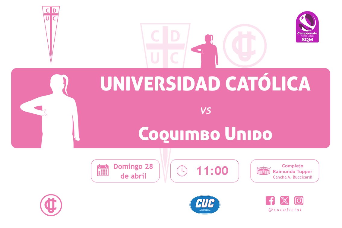 📆DOMINGO

#FemeninoSQM 2024 - Fecha 7

UNIVERSIDAD CATÓLICA 🆚 Coquimbo U.
⌚️11:00
🏟Cancha Alberto Buccicardi

CON TODO, CRUZADAS!!! 👏🙌👊

#FutbolFemeninoUC #FFUC #LasCruzadas ⚪💗⚪
#LosCruzados #VamosCatolica