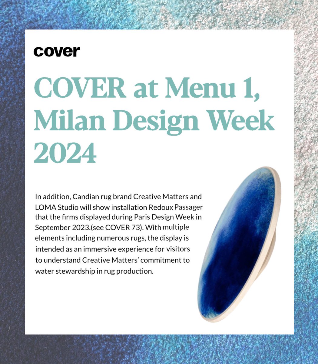 All eyes on Creative Matters' Redoux Passager. @COVERMag2005 has featured the installation, made in collaboration with LOMA Studio, as a major highlight for Milan Design Week.
⁠
cover-magazine.com/2024/04/11/the…

cover-magazine.com/2024/04/02/cov…
⁠
#CreativeMatters #MilanDesignWeek #COVERMagazine