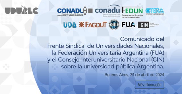 La Universidad Pública argentina atraviesa un período crítico como consecuencia de las políticas implementadas por el gobierno nacional; agradecemos las manifestaciones de la sociedad en apoyo del sistema universitario público. udualc.org/wp-content/upl…