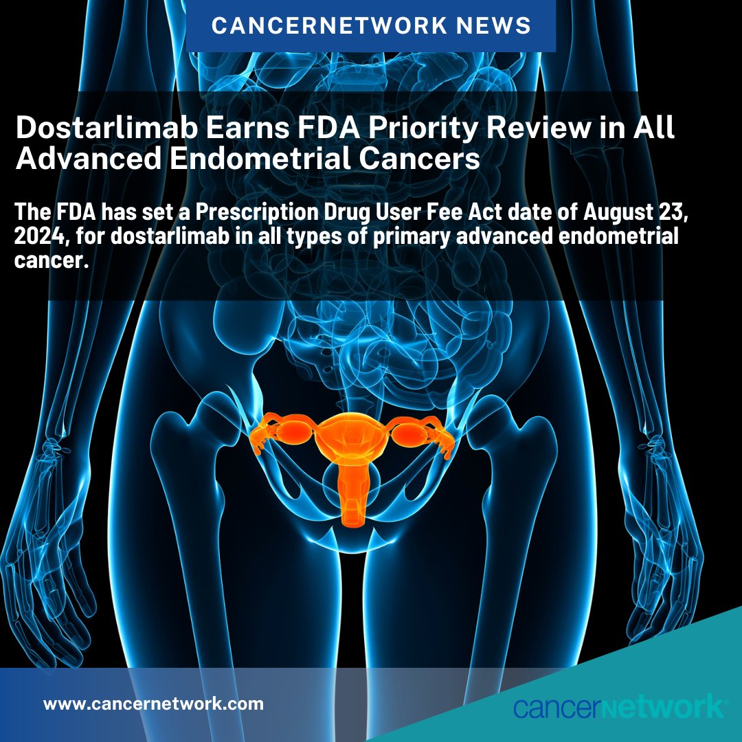 A PDUFA date of August 23, 2024, has been set for dostarlimab plus carboplatin and paclitaxel in all adult patients with primary advanced or recurrent endometrial cancer. #gyncsm | @US_FDA @FDAOncology cancernetwork.com/view/dostarlim…