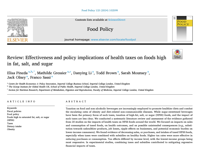 Taxes on foods that are high in fat, salt, or sugar (HFSS) reduce the sale, purchase, and consumption of those foods, according to @imperialcollege review published in Food Policy Journal. 
sciencedirect.com/science/articl…