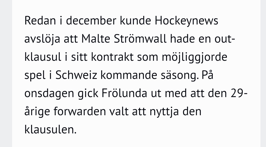 I november, alltså en månad innan Hockeynews sägs ha AVSLÖJAT att Malte hade en klausul, så kom det ut uppgifter om att Frölunda försökte förlänga Maltes kontrakt och samtidigt jobba bort ovan nämnda klausul. 

@HockeynewsSe, ni är ett skämt.