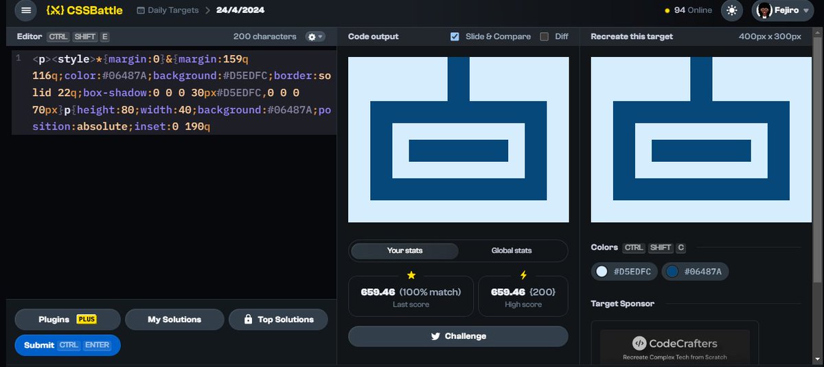 aberefejiro's tweet image. {⚔️} Day 9 of #CSSBattleDaily streak: Apr 24  — 659.46 score / 200 chars cssbattle.dev/play/ciKQeVoSW… via @css_battle 
I didn't know there was "q" unit in CSS