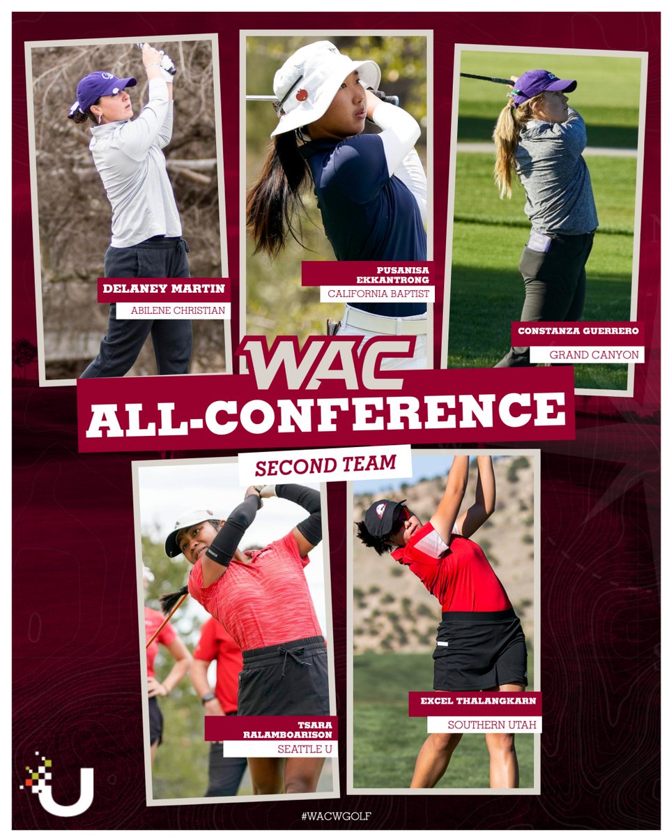 ⛳️ ALL-CONFERENCE SECOND TEAM presented by @UCU_LA Delaney Martin | @ACU_WGolf Pusanisa Ekkantrong | @CBUwomensgolf Constanza Guerrero | @GCU_WGolf Tsara Ralamboarison | @SeattleUGolf Excel Thalangkarn | @SUUGolf 🗞️ tinyurl.com/55etkc2s #OneWAC x #WACwgolf