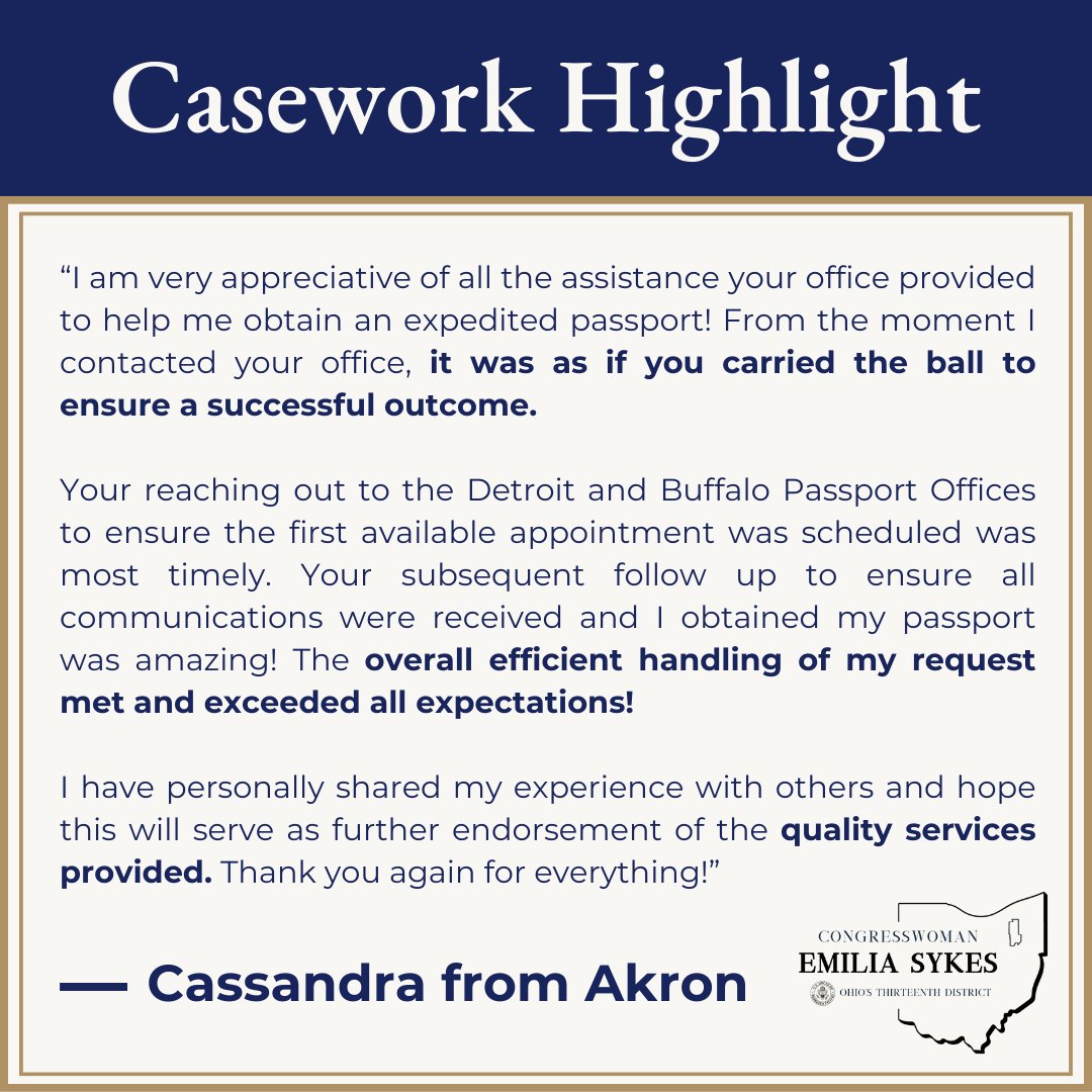 Cassandra from Akron was able to receive her expedited passport after she reached out to Rep. Sykes' office for help. If you need assistance working with a federal agency, reach out to Rep. Sykes' Akron office at 330-400-5350! #WeWorkForYouWednesday