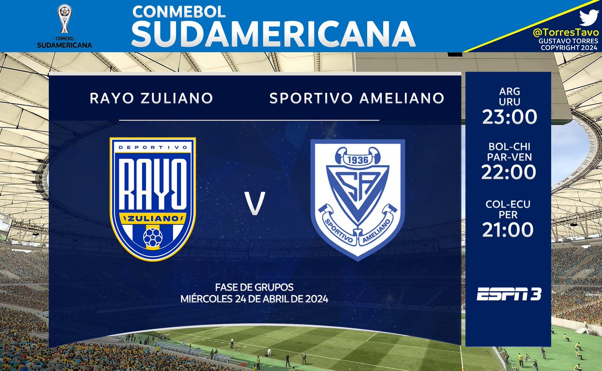 Deportivo Rayo Zuliano - Sportivo Ameliano
TV: ESPN 3
Narra: @AlejoERivera
Comenta: @GeralSports7
#SudamericanaxESPN